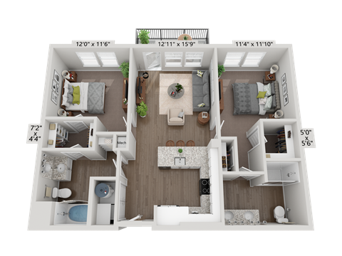 Floor plan for 2 beds, 2 baths, 993 sqft